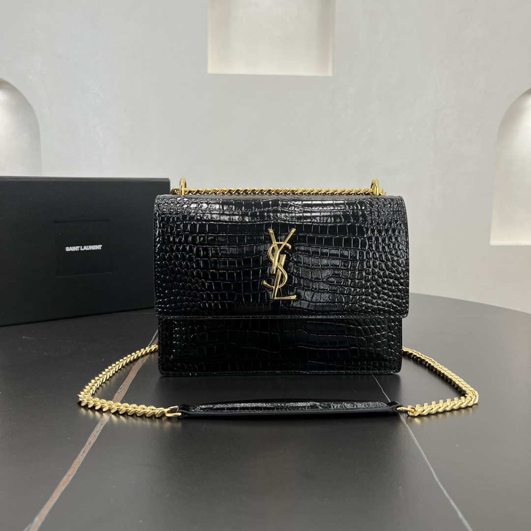 Saint Laurent Sunset Crocodile Embossed Calfskin Handbag Shoulder Bag Black 442906 Gold